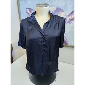 Zadig & Voltaire Women's Small Black Satin Ruffle 1/2 Button Short Sleeve Blouse